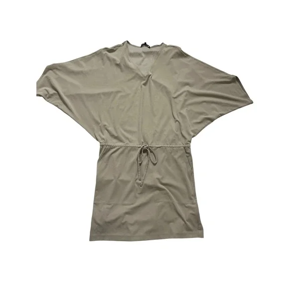 Lafayette 148 New York Drawstring Waist Dress Medium Beige V-Neck Dolman Pockets - Picture 2 of 12